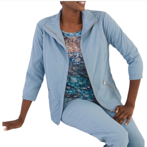 Chico's Blue Lightweight 3/4 Sleeve Zip Utility Blazer Jacket XXL - Picture 1 of 7